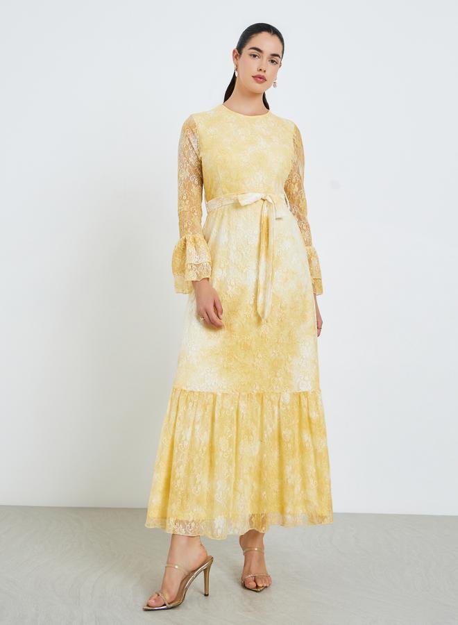 ستايلي فستان طويل من الدانتيل بحافة مكشكشة للنساء - Image 4